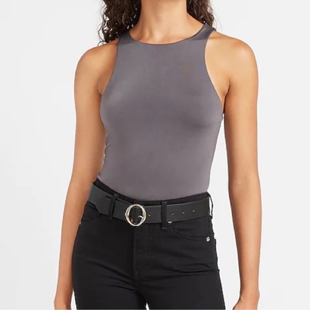 Express body contour gray charcoal bodysuit high neck sleeveless